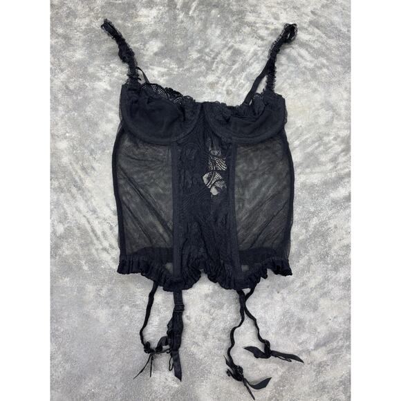 VTG Victoria's Secret Black Corset Garter Bustier 36B Sheer Lace Gold Label gx - Picture 2 of 10